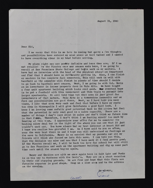 Paul Giel Hand Written Letter to Sid Hartman