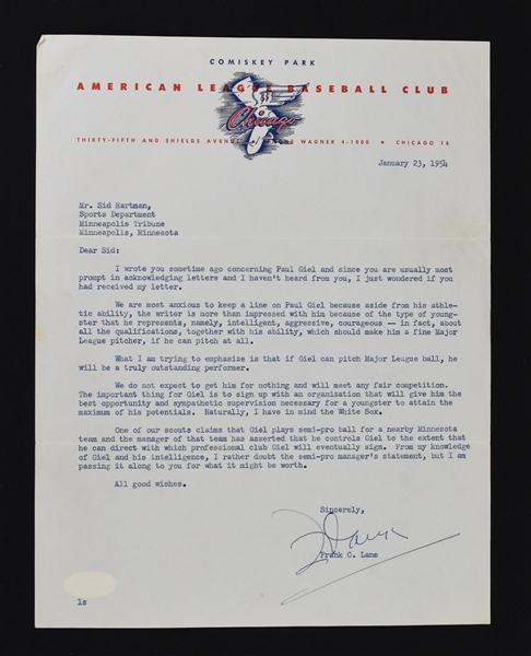 Frank Lane Chicago White Sox Signed Letter to Sid Hartman