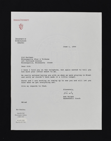 Bobby Knight Indiana Hoosiers Signed Letter to Sid Hartman