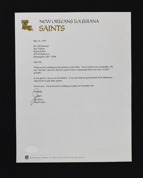 Jim Mora New Orleans Signed Letter to Sid Hartman