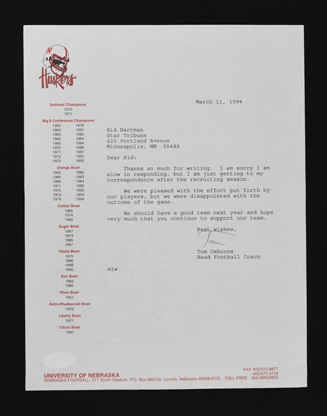 Tom Osborne Nebraska Cornhuskers Signed Letter to Sid Hartman