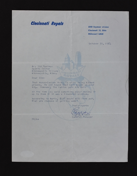 Pepper Wilson Cincinnati Royals Signed Letter to Sid Hartman