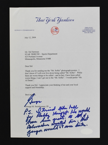 George Steinbrenner Signed New York Yankees Letter to Sid Hartman w/Great Bobby Knight Content