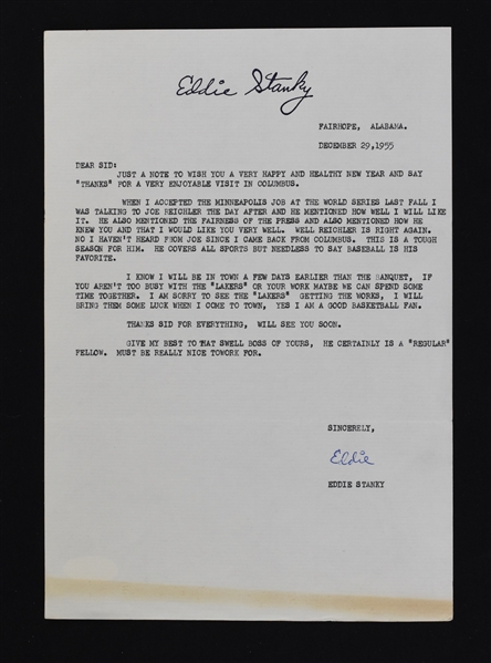 Eddie Stanky Signed Letter to Sid Hartman