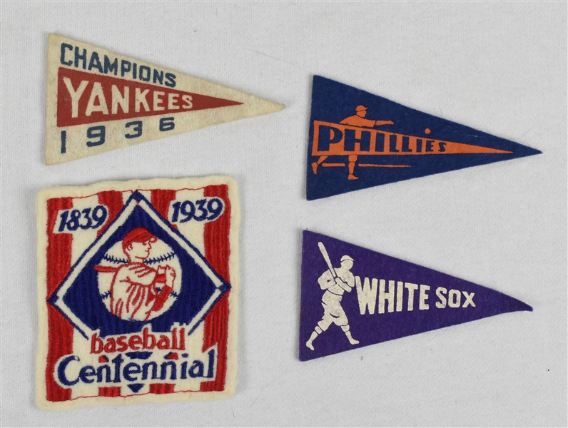 Vintage Lot of 3 Mini Pennants & 1939 Centennial Baseball Patch w/1936 Yankee World Series Championship 