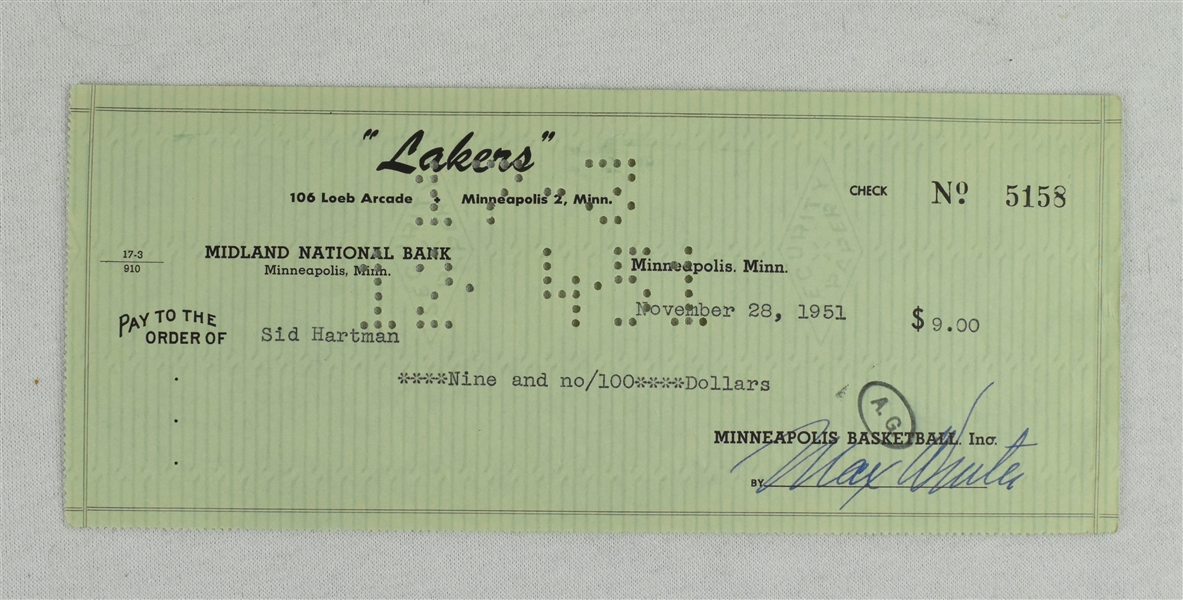Max Winter & Sid Hartman Minneapolis Lakers Signed Check From 1951 