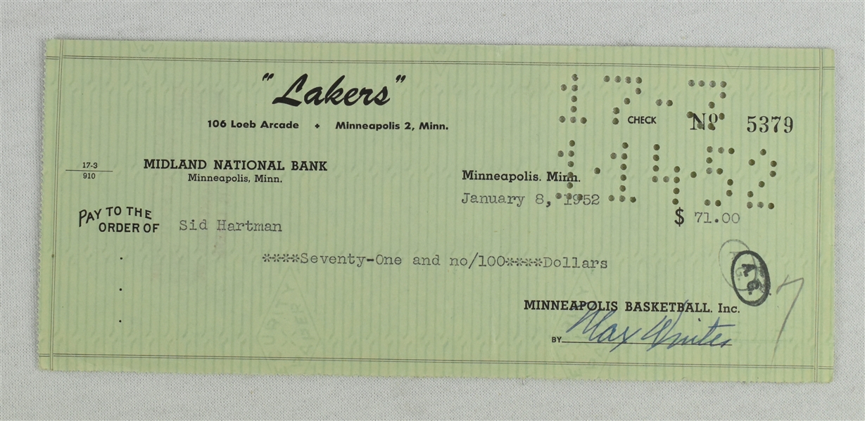Max Winter & Sid Hartman Signed Minneapolis Lakers Check From 1952