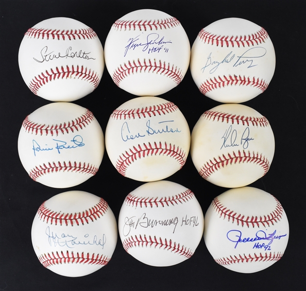 Collection of 9 HOF Pitchers Autographed Baseballs