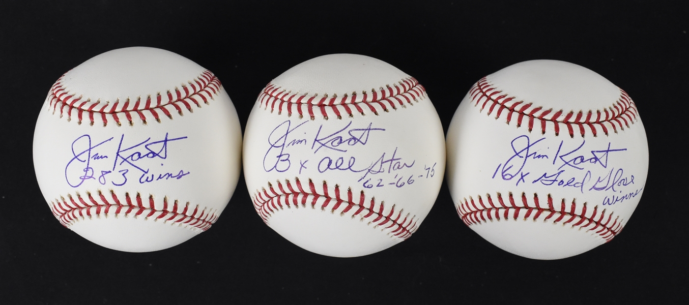 Jim Kaat Lot of 3 Autographed & Inscribed Baseballs 