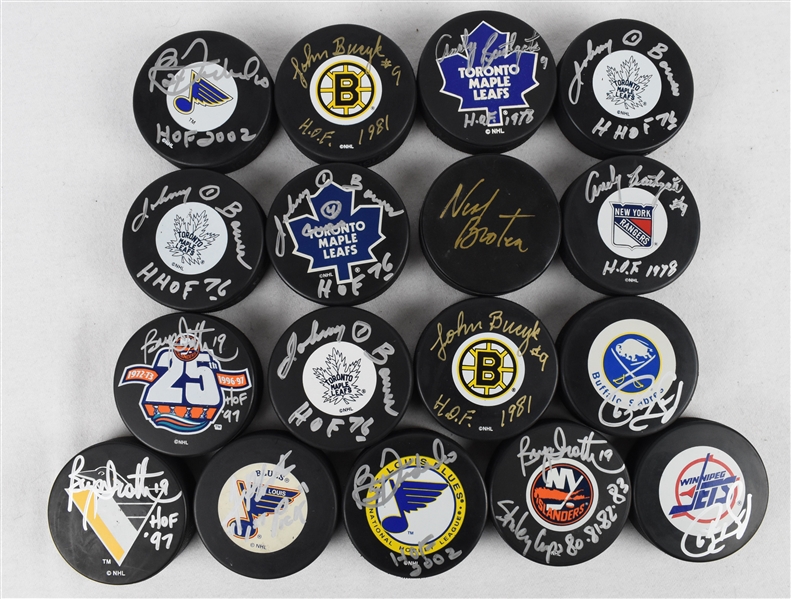 Collection of 17 Autographed Hockey Pucks w/Bucyk & Bower