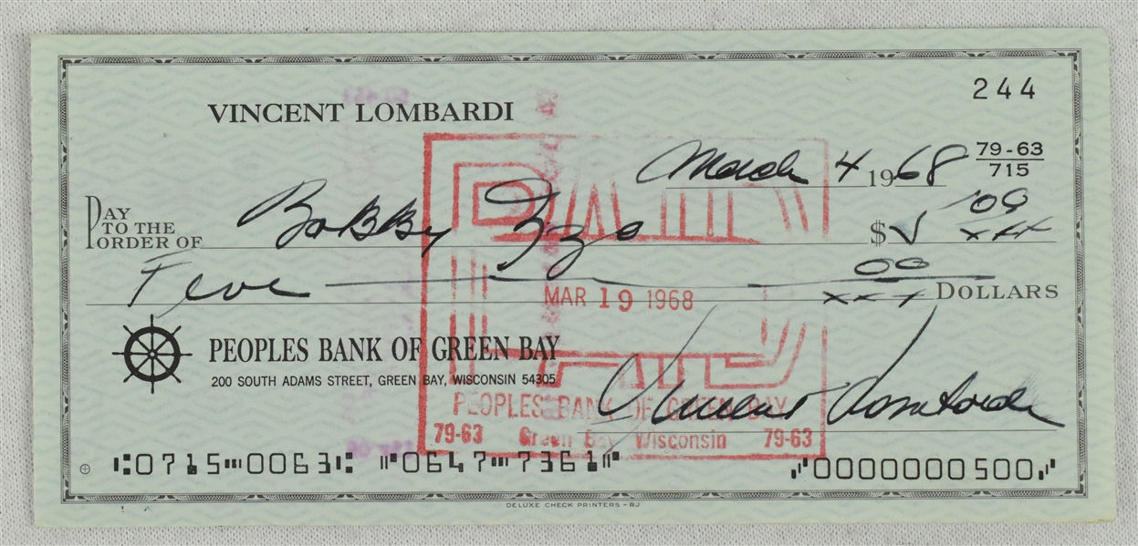 Vince Lombardi Signed 1968 Personal Check #244