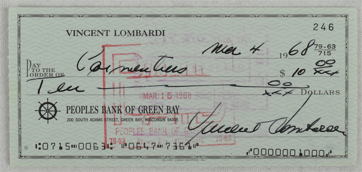 Vince Lombardi Signed 1968 Personal Check #246 