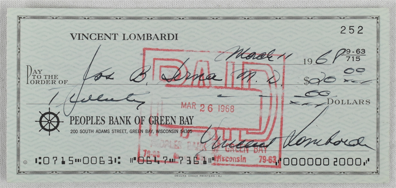 Vince Lombardi Signed 1968 Personal Check #252 