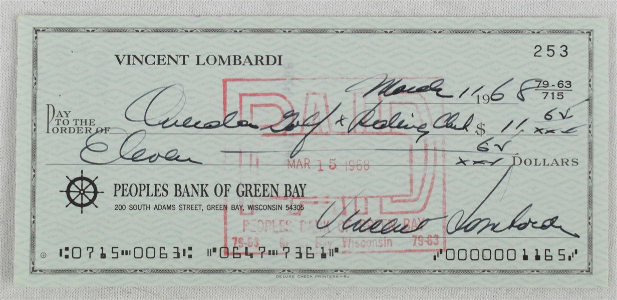 Vince Lombardi Signed 1968 Personal Check #253 