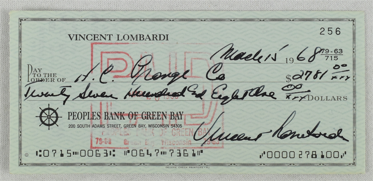 Vince Lombardi Signed 1968 Personal Check #256 