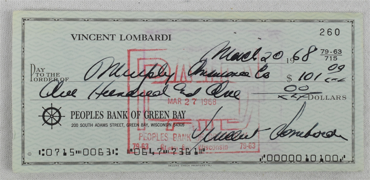 Vince Lombardi Signed 1968 Personal Check #260 