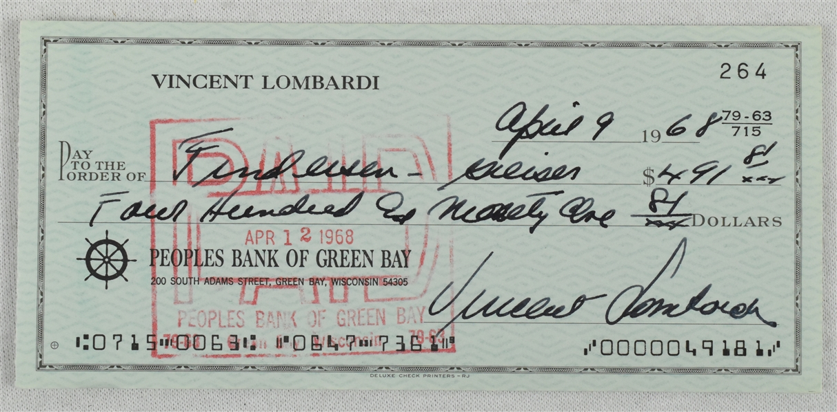 Vince Lombardi Signed 1968 Personal Check #264