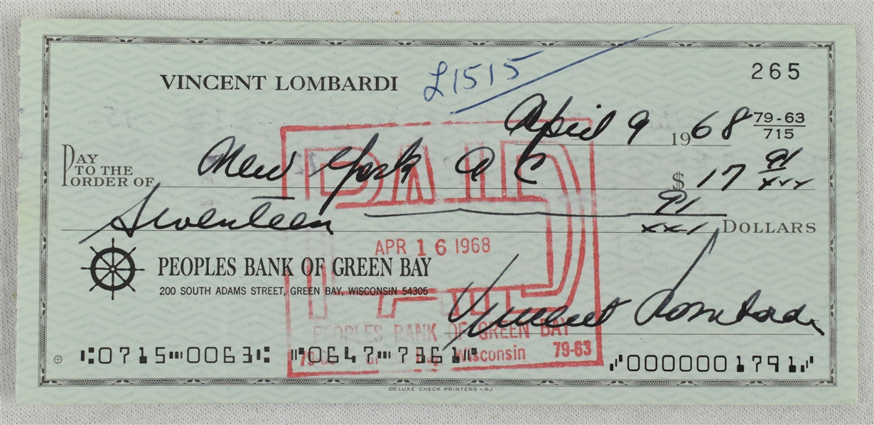 Vince Lombardi Signed 1968 Personal Check #265 