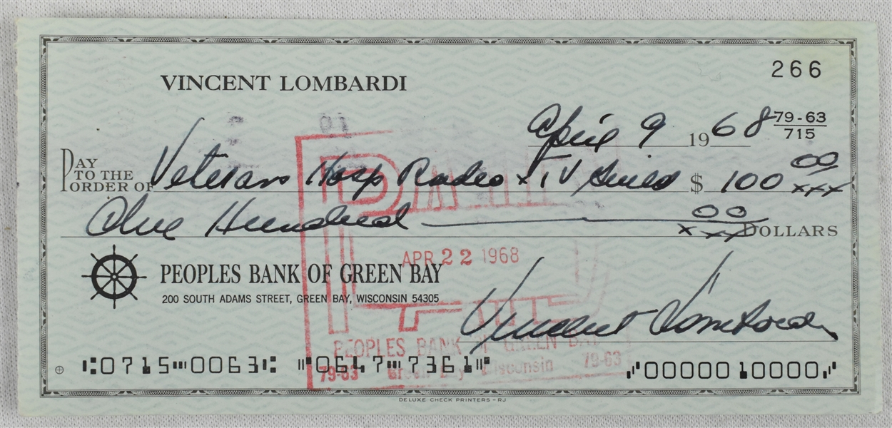 Vince Lombardi Signed 1968 Personal Check #266 