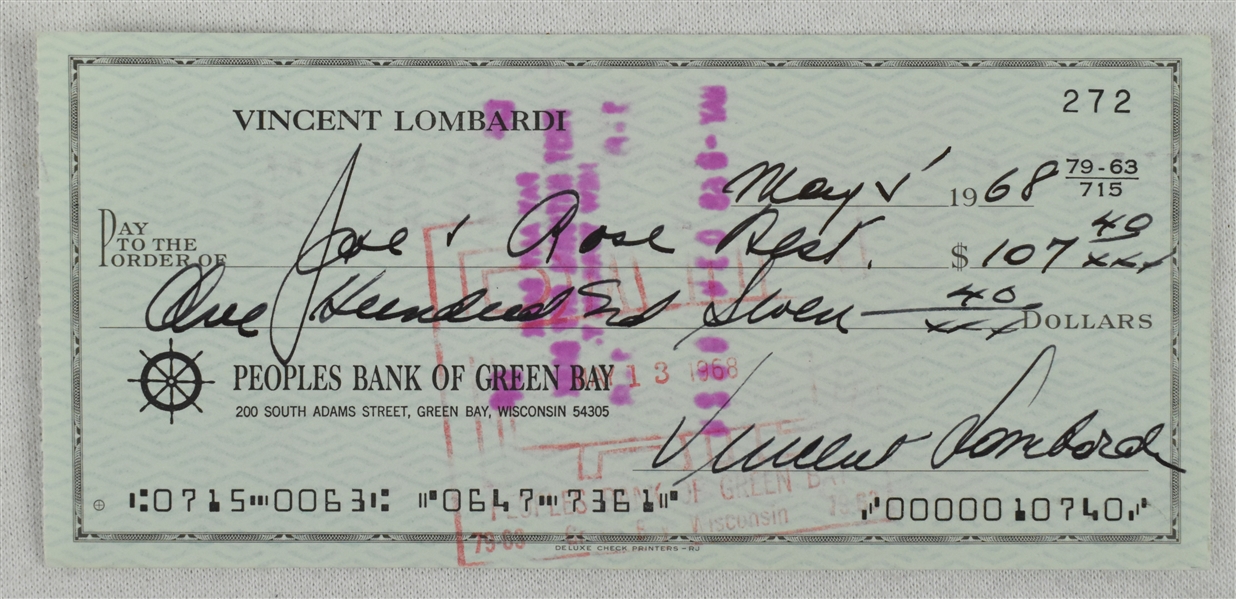 Vince Lombardi Signed 1968 Personal Check #272 