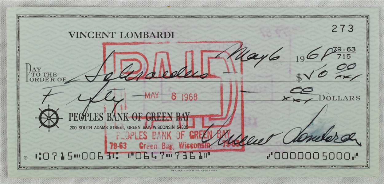 Vince Lombardi Signed 1968 Personal Check #273 