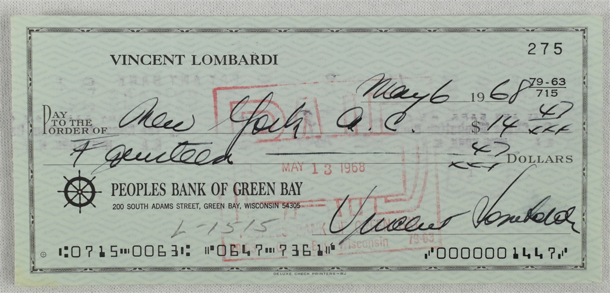 Vince Lombardi Signed 1968 Personal Check #275 