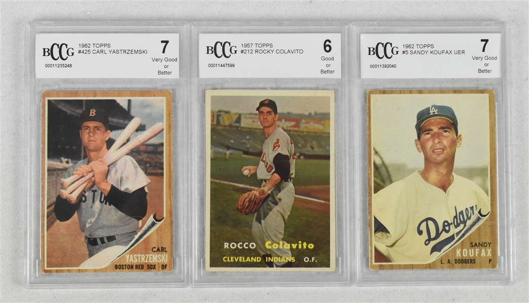 Sandy Koufax Rocky Colavito & Carl Yastrzemski Vintage Baseball Cards BCCG
