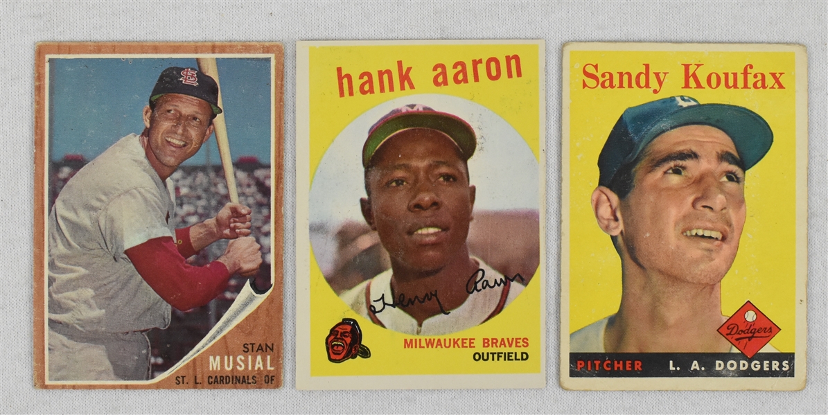 Sandy Koufax Hank Aaron & Stan Musial Lot of 3 Vintage Baseball Cards