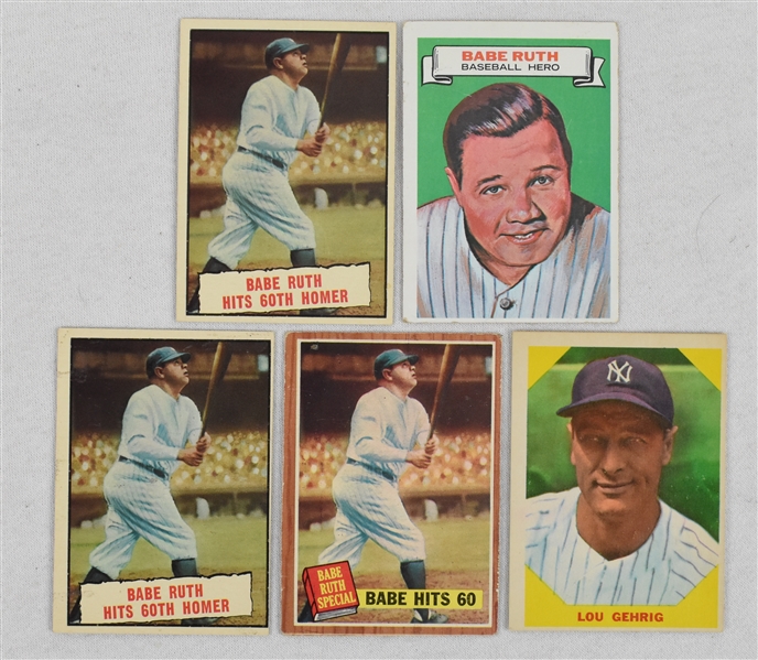 Babe Ruth & Lou Gehrig Lot of 5 Baseball Cards