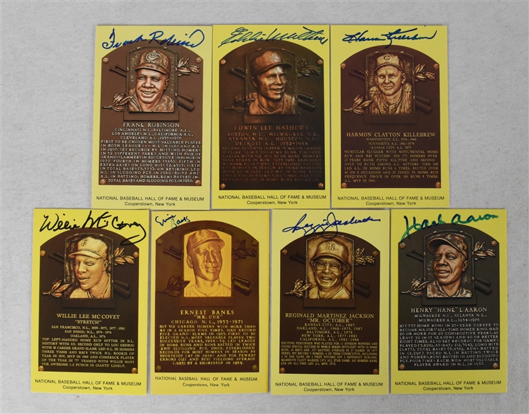 Collection of 7 Autographed 500 HR Club HOF Plaque Postcards w/Hank Aaron