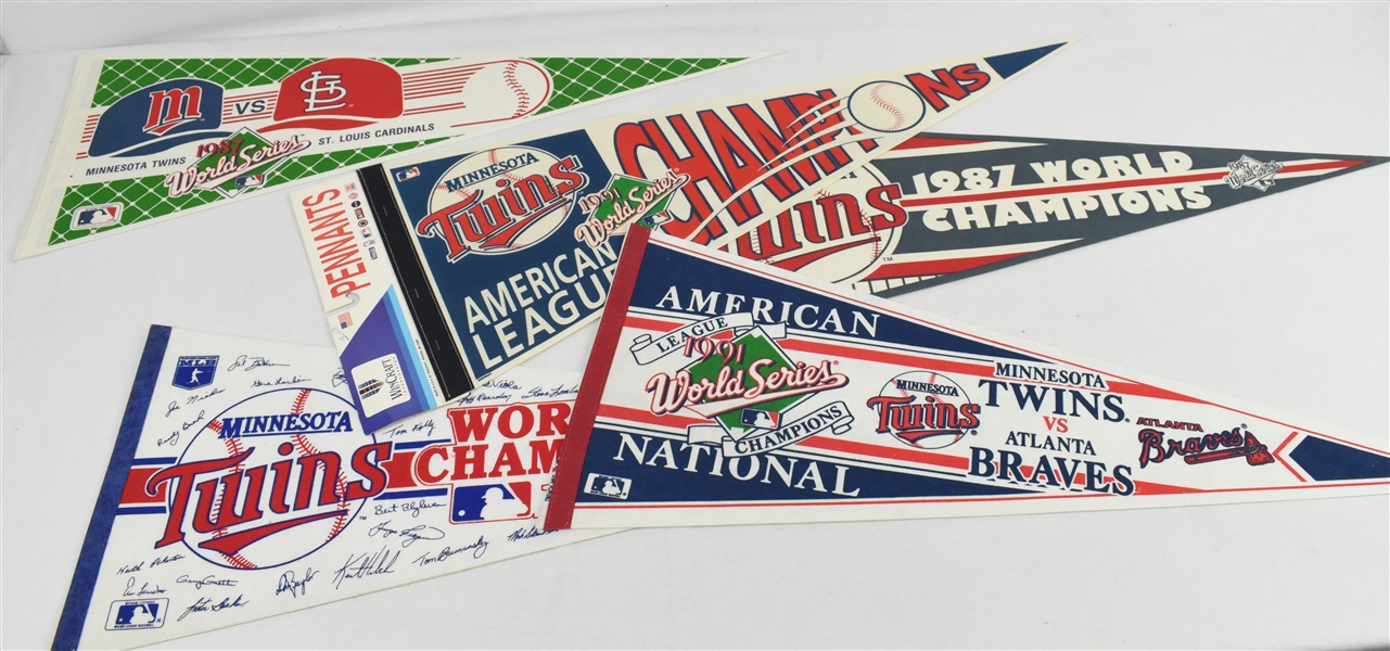 Collection of 5 Minnesota Twins 1987 & 1991 Pennants 