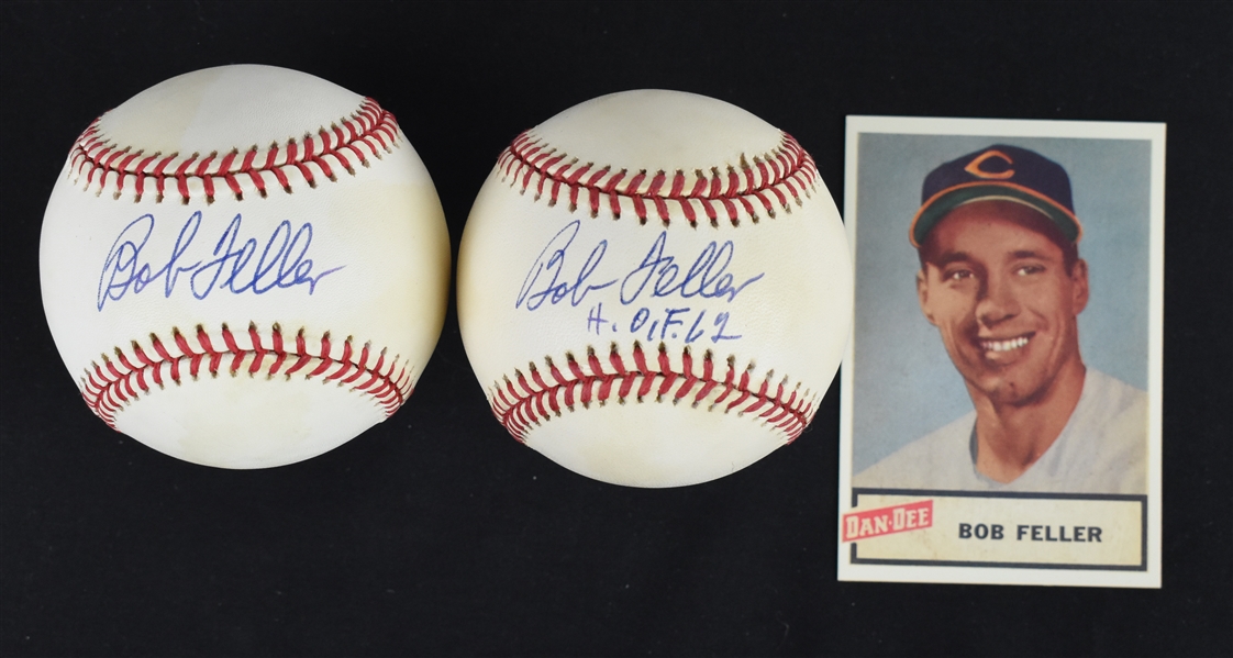 Bob Feller Lot of 2 Autographed Baseballs & Dan Dee Reprint Rookie Card