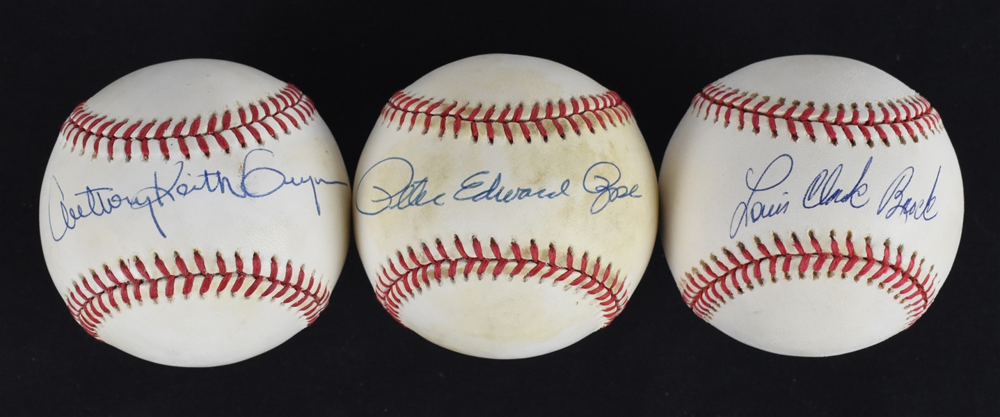 Lot of 3 Autographed Full Name Baseballs w/Gwynn Brock & Rose