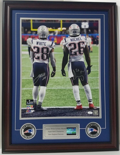 James White & Sony Michel Autographed Custom Framed Super Bowl 53 Photograph Display w/Video Highlights  