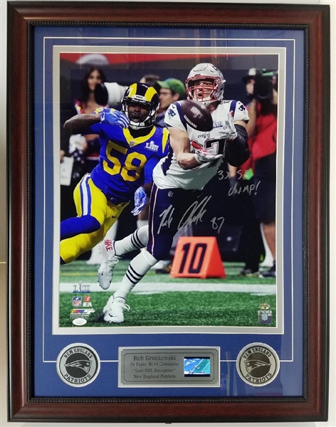 Rob Gronkowski Autographed & Custom Framed Super Bowl 53 Final NFL Catch As A Patriots Photograph Display w/Video Highlights ( 