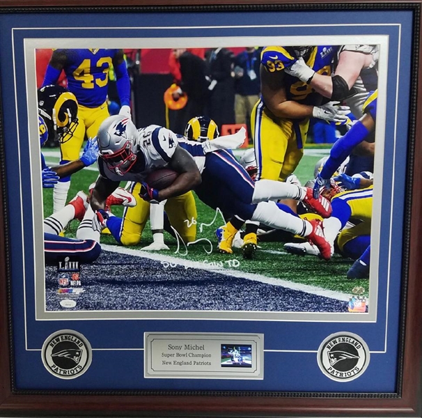 Sony Michel Autographed & Custom Framed  Super Bowl 53 GW TD Photo Display w/Video Highlights  