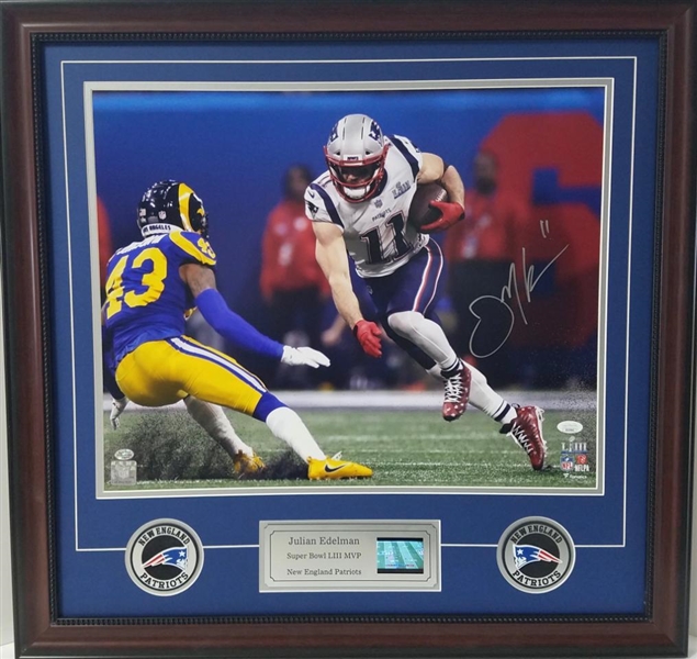 Julian Edelman Autographed & Custom Framed Super Bowl 53 MVP Photo Display w/Video Highlights  