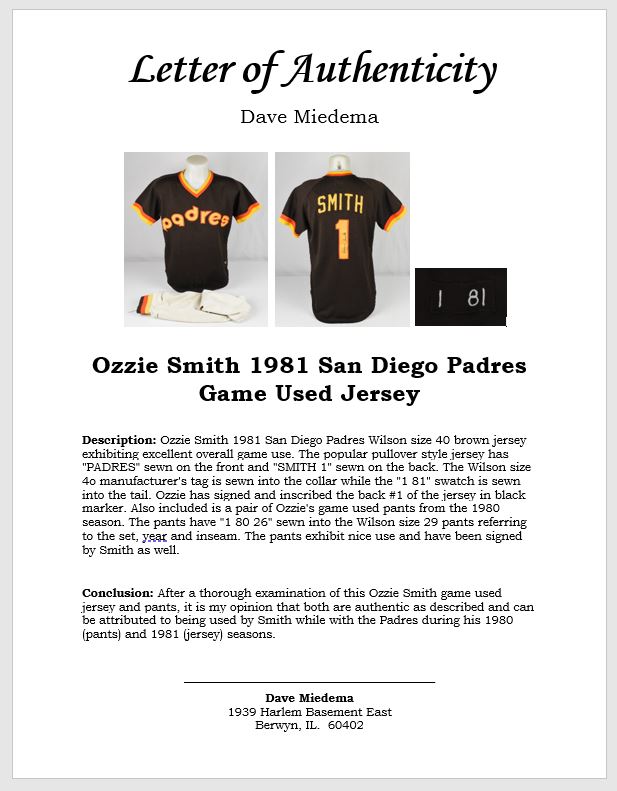 San Diego Padres Ozzie Smith Throwback Vintage Jersey