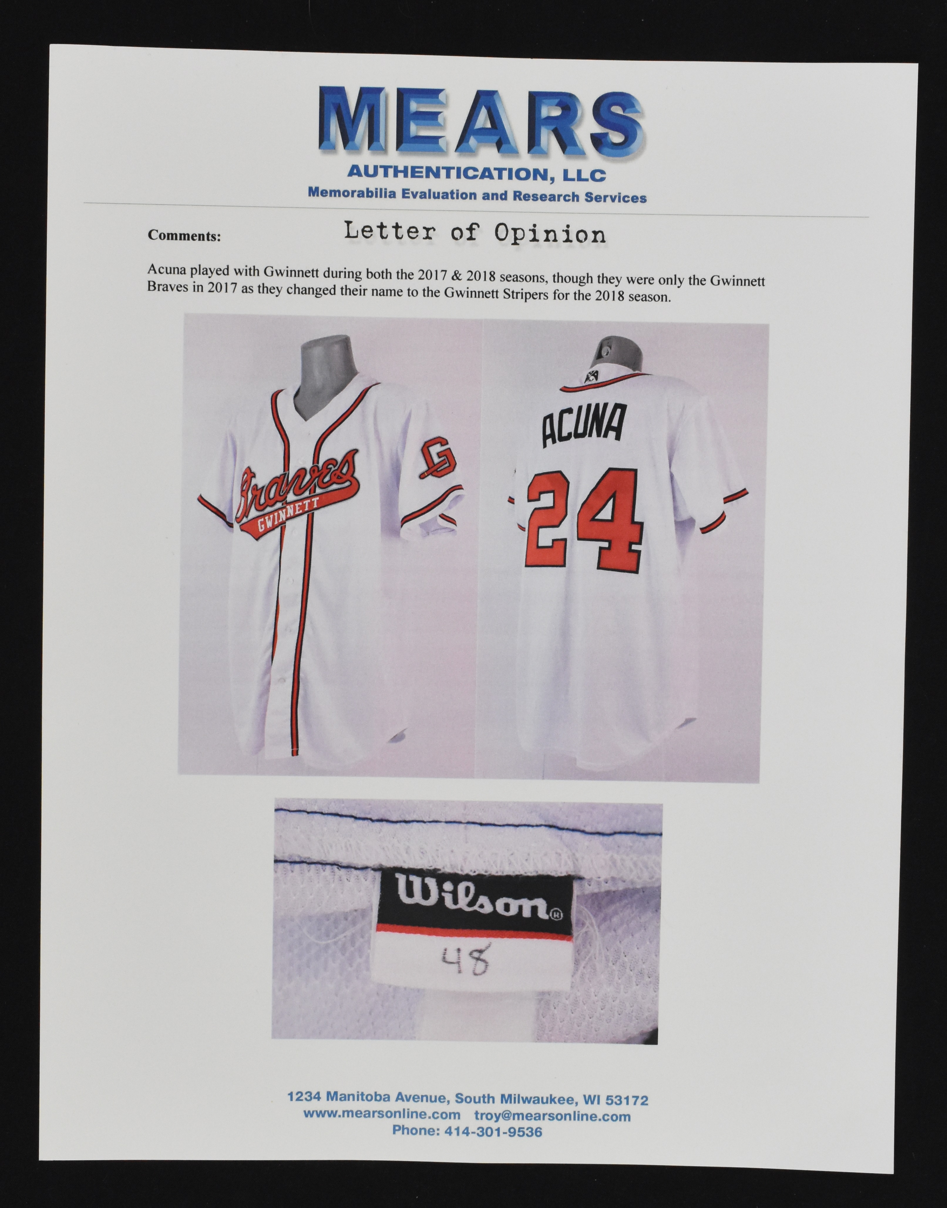 Lot Detail - Ronald Acuna Jr. 2017 Gwinnett Braves Game Used Jersey MEARS
