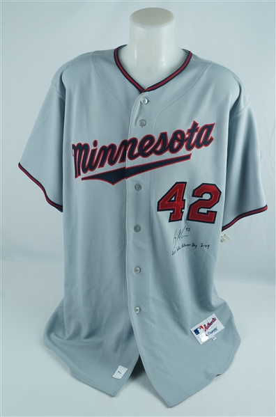 Joe Mauer 2011 Minnesota Twins Signed & Inscribed Jackie Robinson Day Game Issued Jersey Ironclad & MLB Authenticated 