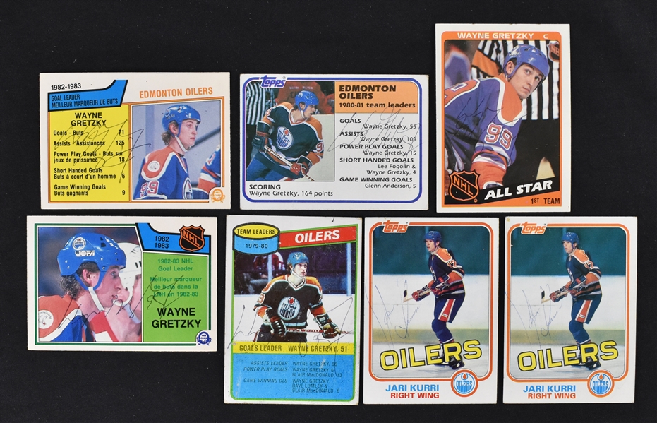 Collection of 7 Wayne Gretzky & Jari Kurri Autographed Cards w/1979 Topps Rookie