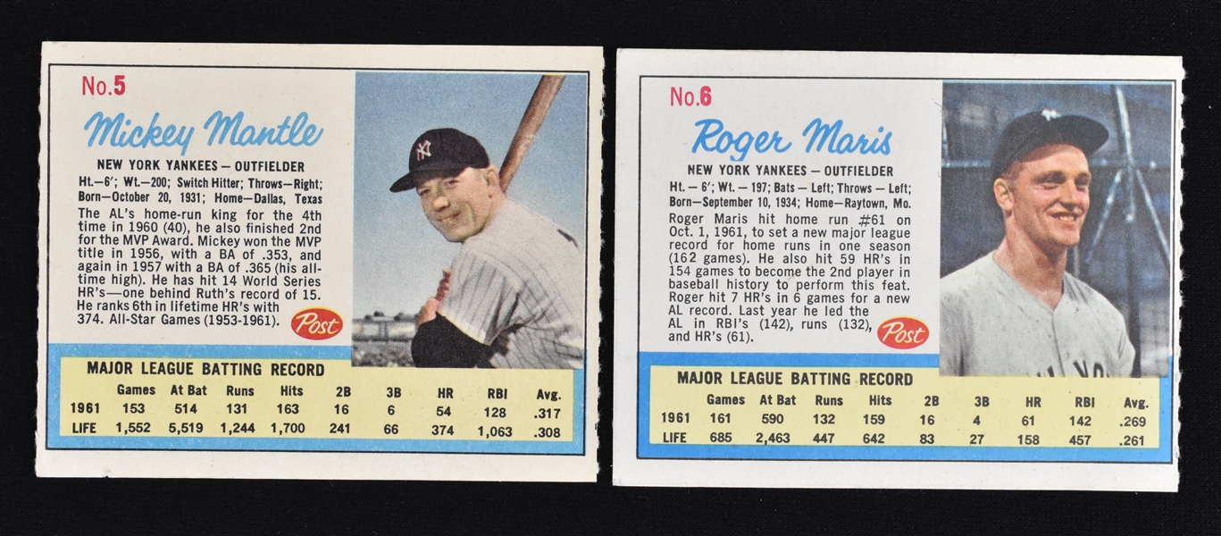 Vintage 1962 Mickey Mantle & Roger Maris Post Cereal Cards