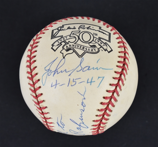 Johnny Sain Autographed & Inscribed "1st Pitch to Jackie Robinson" Baseball