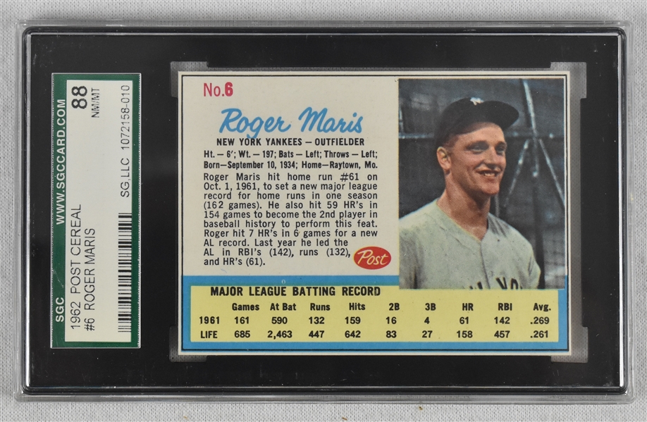 Roger Maris 1962 Post Cereal #6 Baseball Card SGC 88 NM-MT
