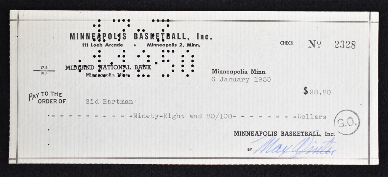 Max Winter & Sid Hartman Minneapolis Lakers Signed Check From 1950