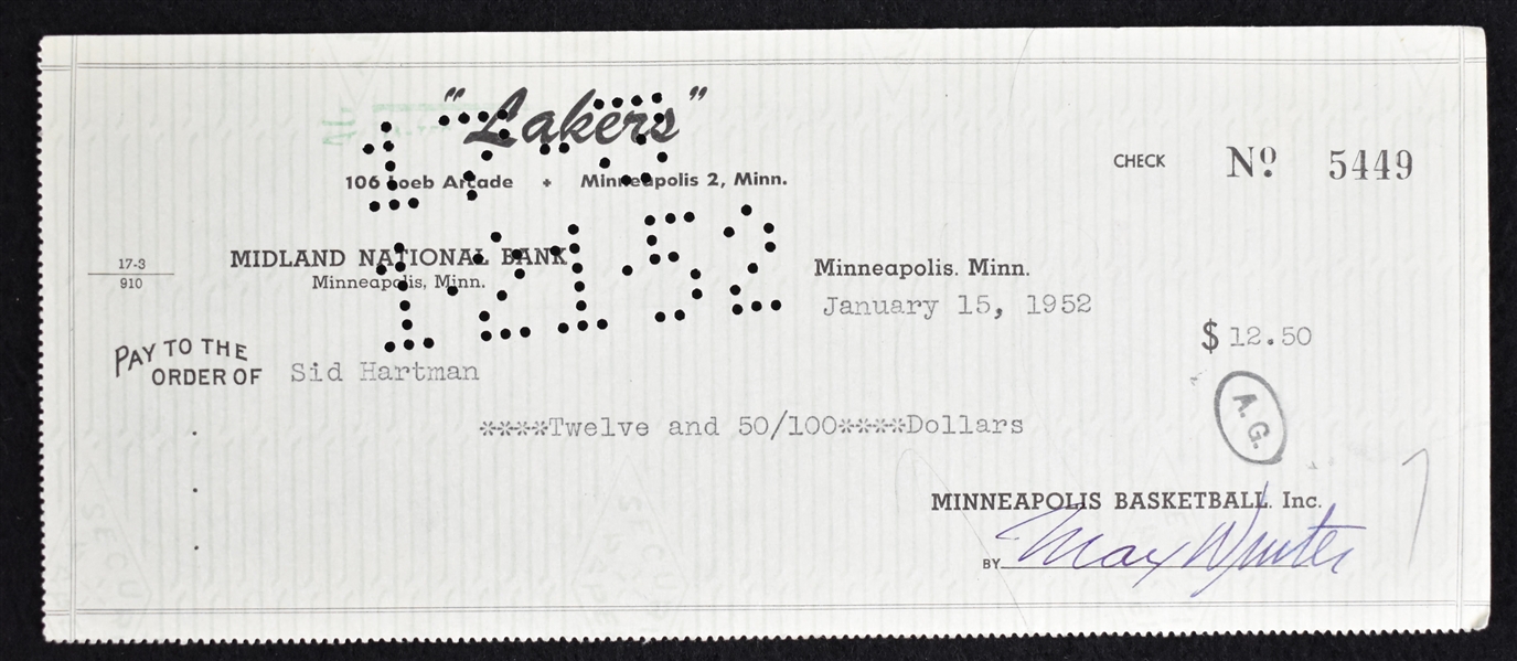 Max Winter & Sid Hartman Minneapolis Lakers Signed Check From 1952