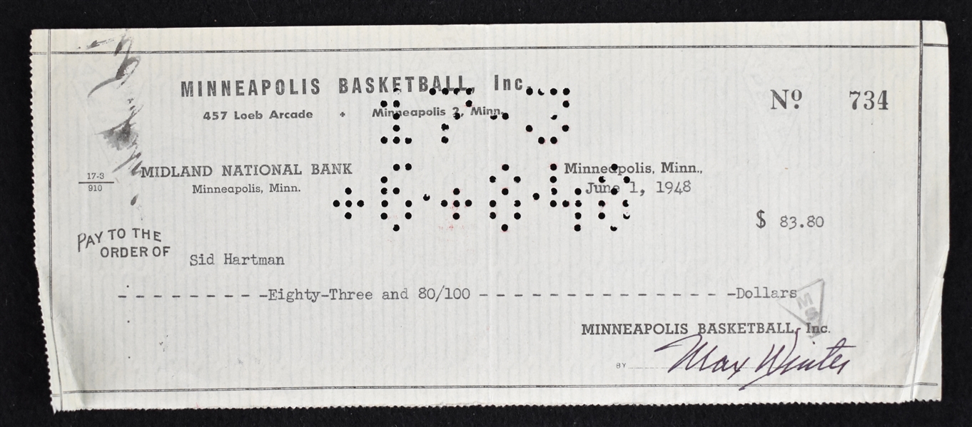 Max Winter & Sid Hartman Minneapolis Lakers Signed Check From 1948 JSA
