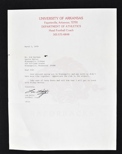 Lou Holtz 1978 Arkansas Razorbacks Signed Letter to Sid Hartman