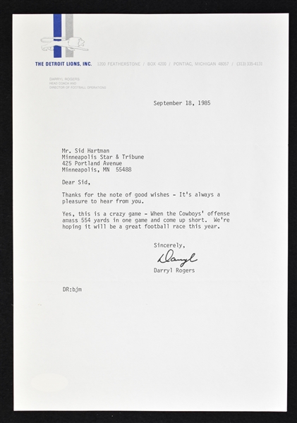 Darryl Rogers 1985 Detroit Lions Signed Letter to Sid Hartman