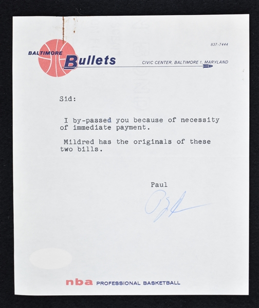 Paul Hoffman 1963 Baltimore Bullets Signed Letter & Expense Report to Sid Hartman